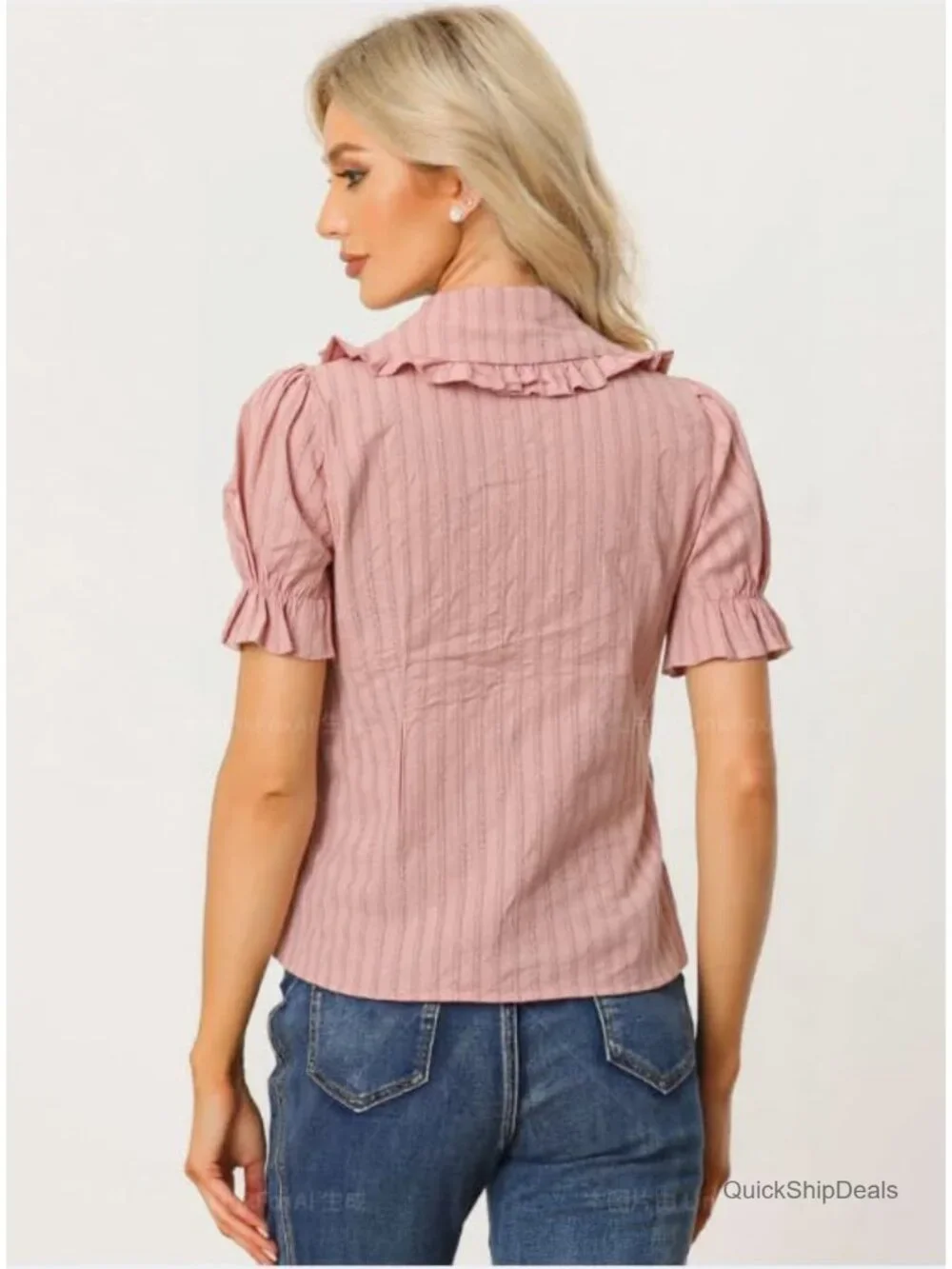 Peter Pan Collar Button Down Shirt Short Sleeve Cotton Blouse